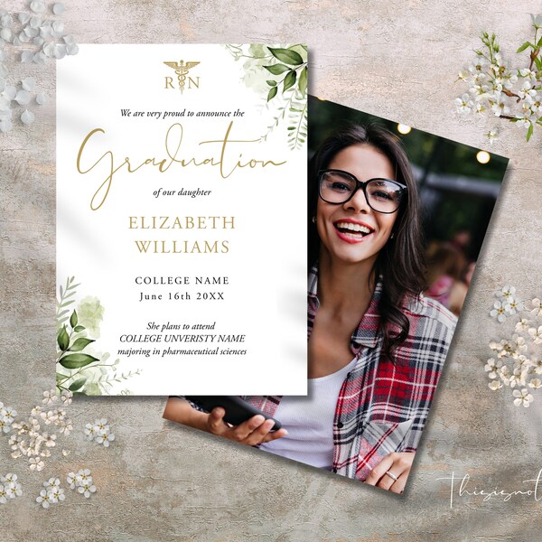 Boho Greenery RN Nursing Graduation Announcement Template, Modern RN Nurse Photo Graduation Announcement Cards Instant Digital Download, RGG