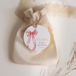 Pink Bow Baby Shower Favor Tag, Pink Girl Baby Shower Thank You Tag, Thank You Favor Sticker, Watercolor, Coquette, Instant Download, DIY