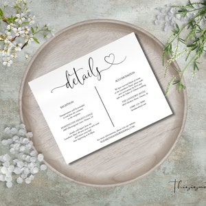 Hochzeit Details Kartenvorlage, Boho Einschluss Karte zum Ausdrucken, Elegante Herz Skript Details Karte, Hochzeit Anpassung Karte Instant DIY, HSW