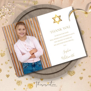 Simple Gold Bat Mitzvah Thank You Card Template, Photo Thank You Note Editable Bat Mitzvah Thank You Card Printable, Instant Download, SIGBM
