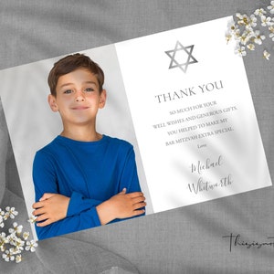 Einfache Bar Mitzwa Danke Karte Vorlage, Foto Dankeschön Note Vorlage, Moderne Silber Danke Karte zum ausdrucken, Sofort Download, SIGBM