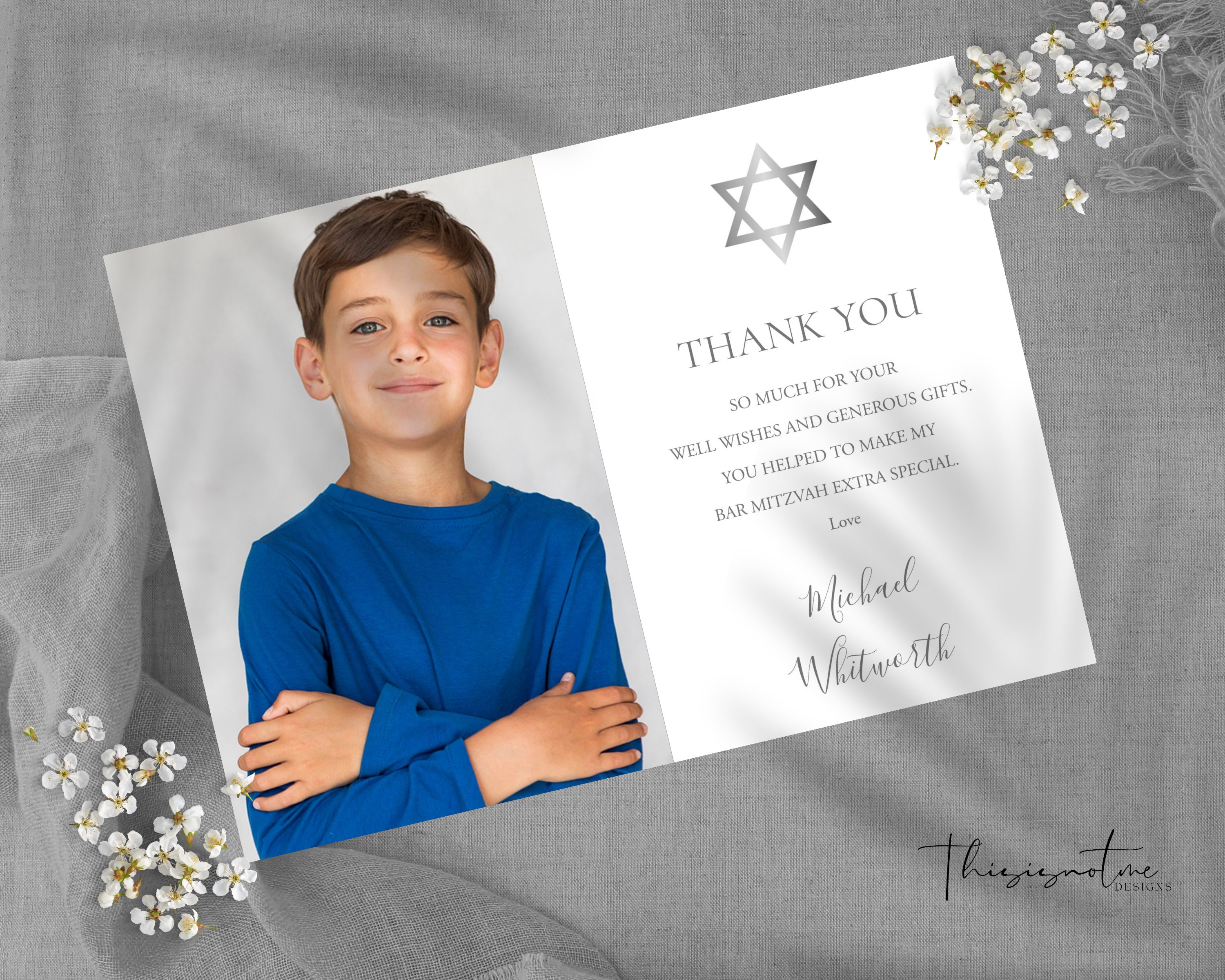 modern bar mitzvah photo thank you card template (digital download