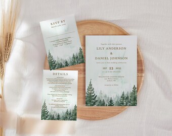 Watercolor Forest Wedding Invitation Suite: Rustic Boho Template (Digital Download) FAELARA