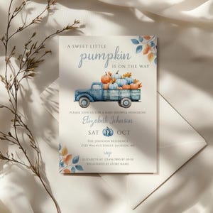 Sweet Little Pumpkin Blue Boy Baby Shower Invitation: Autumn Fall (Digital Download Template) PIPPA