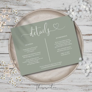 Salbei grüne Hochzeit Details Kartenvorlage, Boho Einschluss Karte druckbare, elegante Herz Script Details Karte, Instant Download, druckbare, HSW
