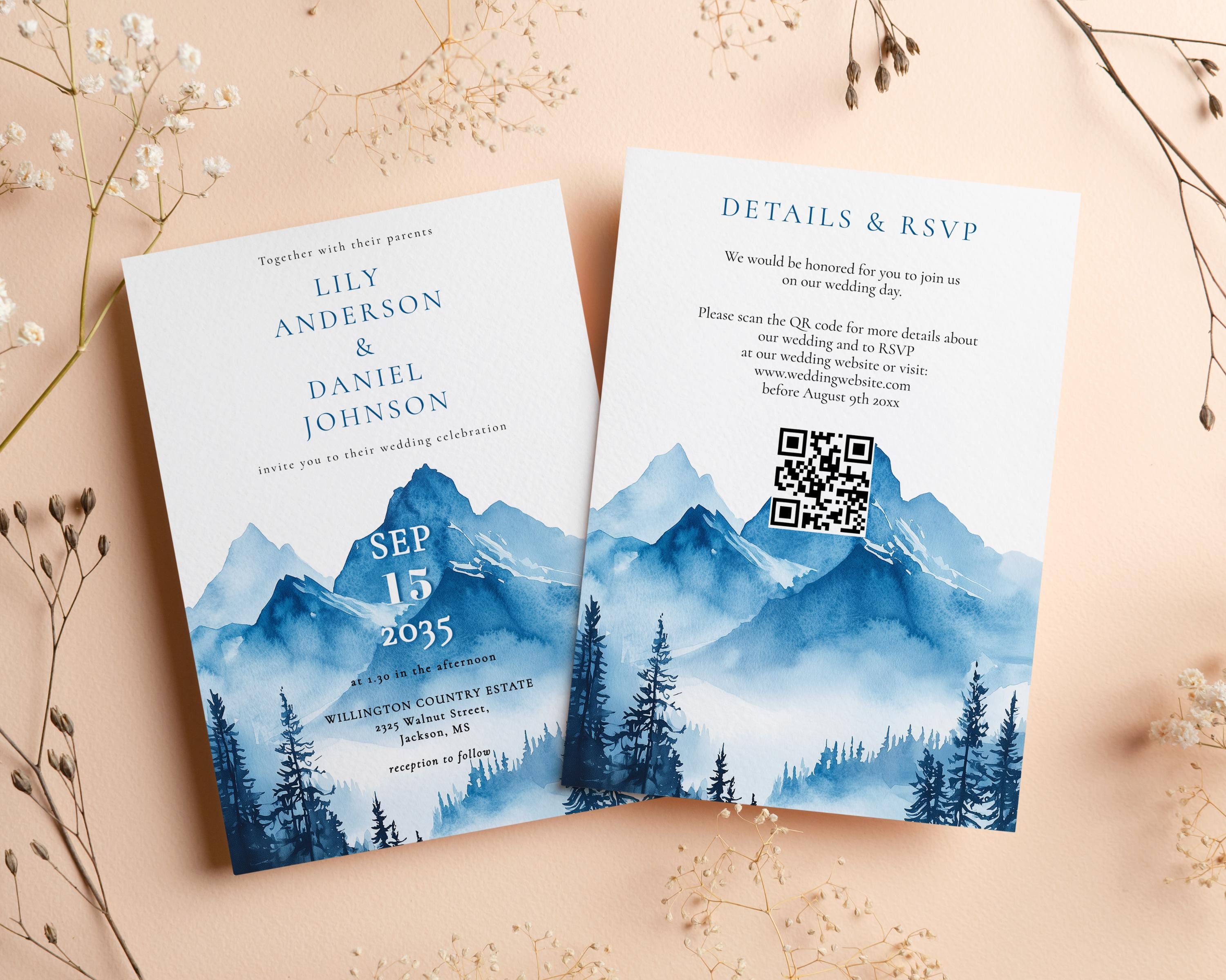 MISTRAL All In One Watercolor Rustic Blue Mountains Wedding QR Code Details Invitation Template, Instant Download, Printable, DIY, Boho