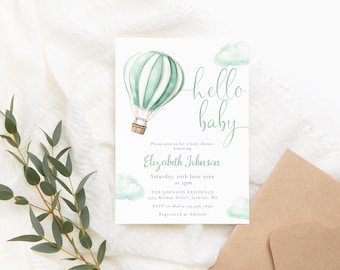 Hello Baby Hot Air Balloon Baby Shower Invitation: Gender Neutral, Editable Template (Digital Download)