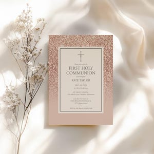 First Holy Communion Invitation Template, Pink Glitter Girl First Communion Invite, Editable Communion Invite, Silver Cross Communion