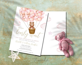 Teddy Bear Baby Shower Invitation Template: Bearly Wait Girl Pink Balloons Invite (Digital Download)