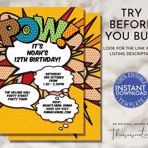 Comic Book Birthday Invitation Template: Pop Art Party Invite (Editable PDF, Instant Download, 5x7&quot;)