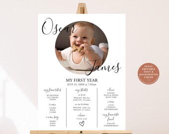 May include: A white printable poster with a photo of a baby boy in a circle. The poster has the baby's name, "Osear James", and details about his first year, including his birth weight and length, his weight and height on his first birthday, and his favorite foods. The poster is fully editable, allowing you to change the text and background color.