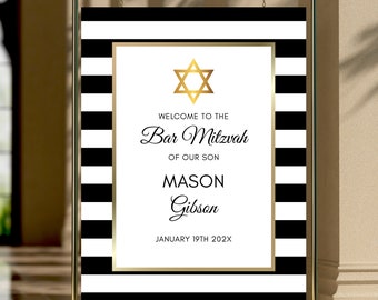 Classic Bar Mitzvah Welcome Sign Template, Geometric, Editable Black Gold Bar Mitzvah Sign, Printable Welcome Sign, INSTANT Download, CSBM