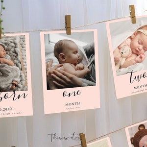 SIGNATURE First Birthday Photo Banner, Minimalist Monthly Milestone Photo Cards, Editable Photo Cards, Pink Girl 1st Birthday Photo Banner