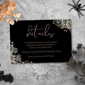 GOYA Gothic Blumen Gehäuse Kartenvorlage, Schwarz und Gold Goth Hochzeit Details Karte, Website Richtungen, Instant Download