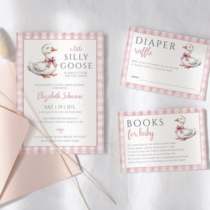 Silly Goose Girl Baby Shower Invitation Set: Pink Gingham (Editable Printable, Digital Download)