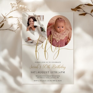 50th Birthday Photo Invitation, Look Who&#39;s 50 Birthday Invite,  Elegant Fiftieth Invitation Template, Editable Template, Digital Download