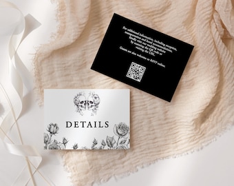 Gothic Floral Skulls Wedding Details Card Template with QR Code (Digital Download) GEMINA