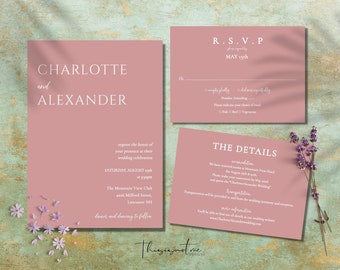 Modern Wedding Invitation Template Suite, Dusty Rose Simple Wedding Invite Set, Printable Wedding Invite, Instant DIY Wedding Templates, SM1