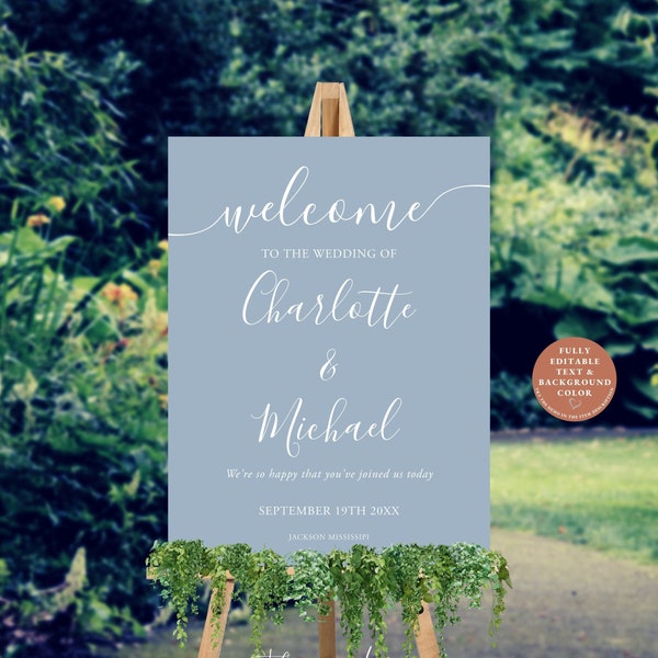SIGNATURE Modern Wedding Welcome Sign Template, Editable Minimalist Wedding Welcome Signs, Dusty Blue Sign, Printable Welcome Wedding Sign