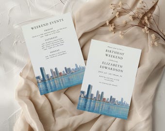 Watercolor Miami Beach Skyline Birthday Weekend Invitation: Editable Itinerary Template (Digital Download)