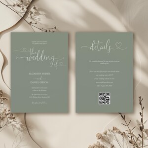 Sage Green Wedding Invitation Template: Minimalist Heart Script, QR Code (Digital Download) HSW