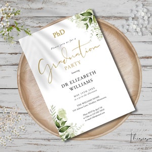 May include: A white invitation with green and white floral designs. The invitation is for a PhD graduation party honouring Dr. Elizabeth Williams. The party is on 19th May at 2 p.m. at The Williams Home, 559 Ashton Lane, Hinkley, Minnesota. RSVP by 7th April.