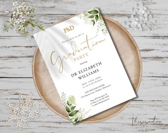 May include: A white invitation with green and white floral designs. The invitation is for a PhD graduation party honoring Dr. Elizabeth Williams. The party is on May 19th at 2 p.m. at The Williams Home, 559 Ashton Lane, Hinkley, Minnesota. RSVP by April 7th.