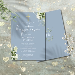 Baptism Invitation Template, Boho Greenery Baptism Invitation, Printable Baptism Invite, Editable Blue Baptism Invite, INSTANT Download, RGB