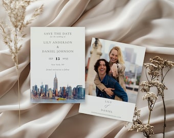 Watercolor New York City Skyline Wedding Save the Date Template: Photo Invite (Digital Download)