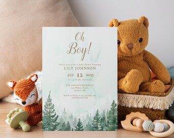 May include: A baby shower invitation with a watercolor background of a forest. The invitation is for Lily Johnson and is for September 15, 2035. The text "Oh Boy!" is in gold lettering.