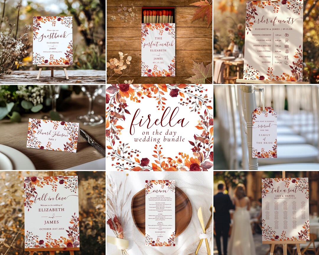 Watercolor Autumn Wedding Sign Bundle: Editable Rustic Fall Floral ...