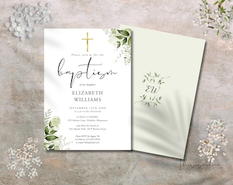 Greenery Baptism Invitation Template, Printable Baptism Invite, Boho Floral Baptism Invitation, Editable, Printable Template  INSTANT, RGB