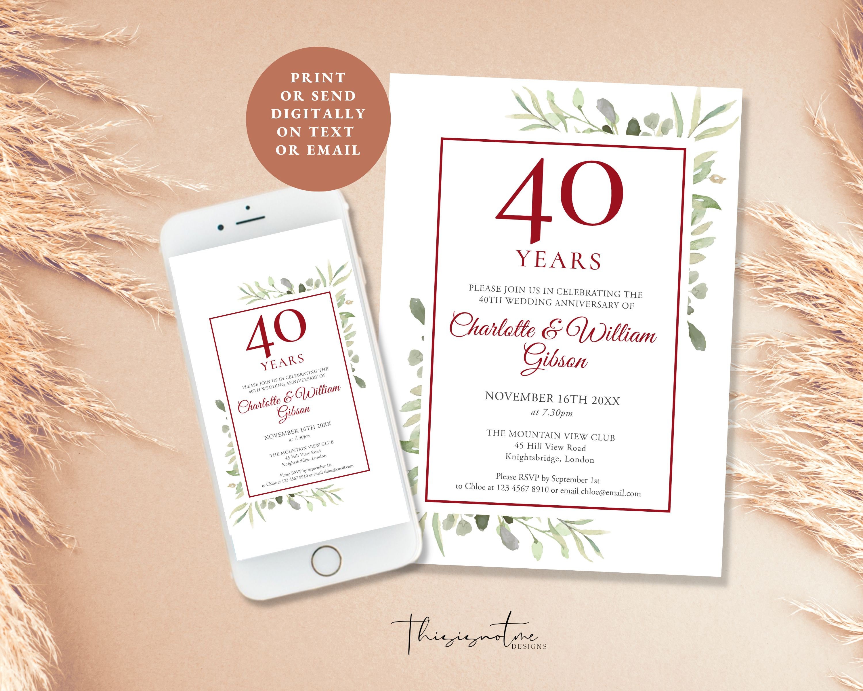 40th Anniversary Ruby Red Wedding Invitation Template - Etsy