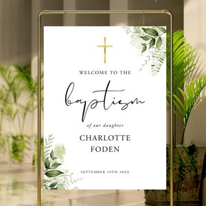 Baptism Welcome Sign Template, Boho Greenery Baptism Welcome Sign, Welcome To The Baptism Poster, Editable, Printable, INSTANT Download, RGB