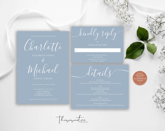 Dusty Blue Minimalist Wedding Invitation, RSVP, Details Suite Templates (Digital Download) SIGNATURE