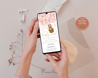 Bear Baby Shower Invitation: Pink Balloons, Girl Shower (Digital Download Evite Template)