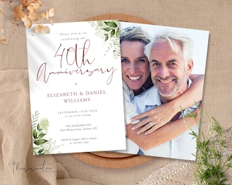 40th Anniversary Invitation Template: Greenery Floral Ruby Wedding Invite (Digital Download) HARMONY