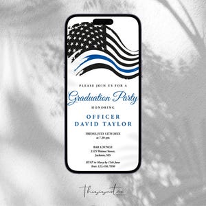 Police Graduation Party Invitation, Thin Blue Line Flag, Police Academy Editable Graduate Party Evite Text Message, Digital Download