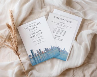 Watercolor Miami Beach Skyline Bachelorette Weekend Invitation: Editable Itinerary Template (Digital Download)