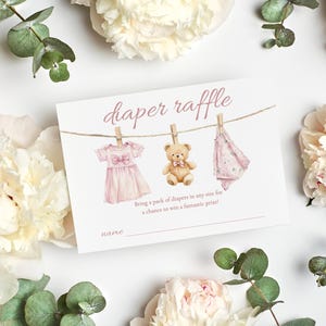 LUMI Watercolor Pink Girl Clothesline Books For Baby Card Template, Girl Baby Shower Invitation Insert, Cute Boho, Instant Download, DIY