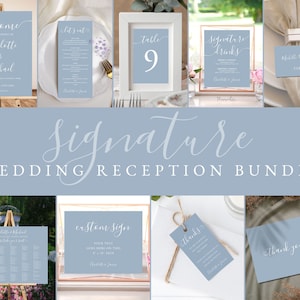 SIGNATURE Modern Dusty Blue Wedding Reception Bundle, Minimalist Wedding Kit, Editable Sign Templates, Printable Seating Chart, Menu