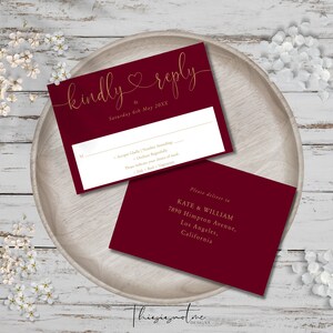 Minimalist RSVP Postcard Template, Elegant Heart Script Wedding RSVP Card, Burgundy And Gold, Instant Download, Response Card diy, HSW