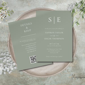 Minimalist QR Code Wedding Invitation Template, Elegant Monogram Wedding Invite, Sage Green Printable Wedding Invite with QR Code rsvp, MW1