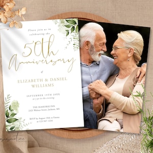 50th Anniversary Invitation Template Golden Wedding Vow Renewal Editable Printable Greenery Wedding Anniversary Invite Instant Download