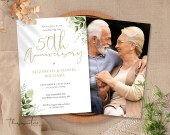 HARMONY 50th Anniversary Invitation Template Golden Wedding Vow Renewal Editable Printable Greenery Wedding Anniversary Instant Download