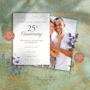 25th Anniversary Save The Date Invitation, Any Year, Template, Modern Invite, Instant Download, Love Hearts Confetti, Silver Wedding, SH25