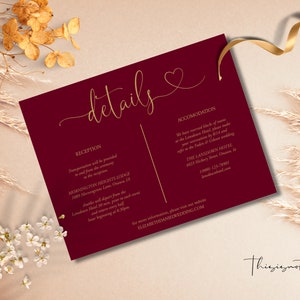 Hochzeit Details Kartenvorlage, Boho Karte zum Ausdrucken, Elegante Herz Script Detailkarte, Burgund und Gold, Instant Download