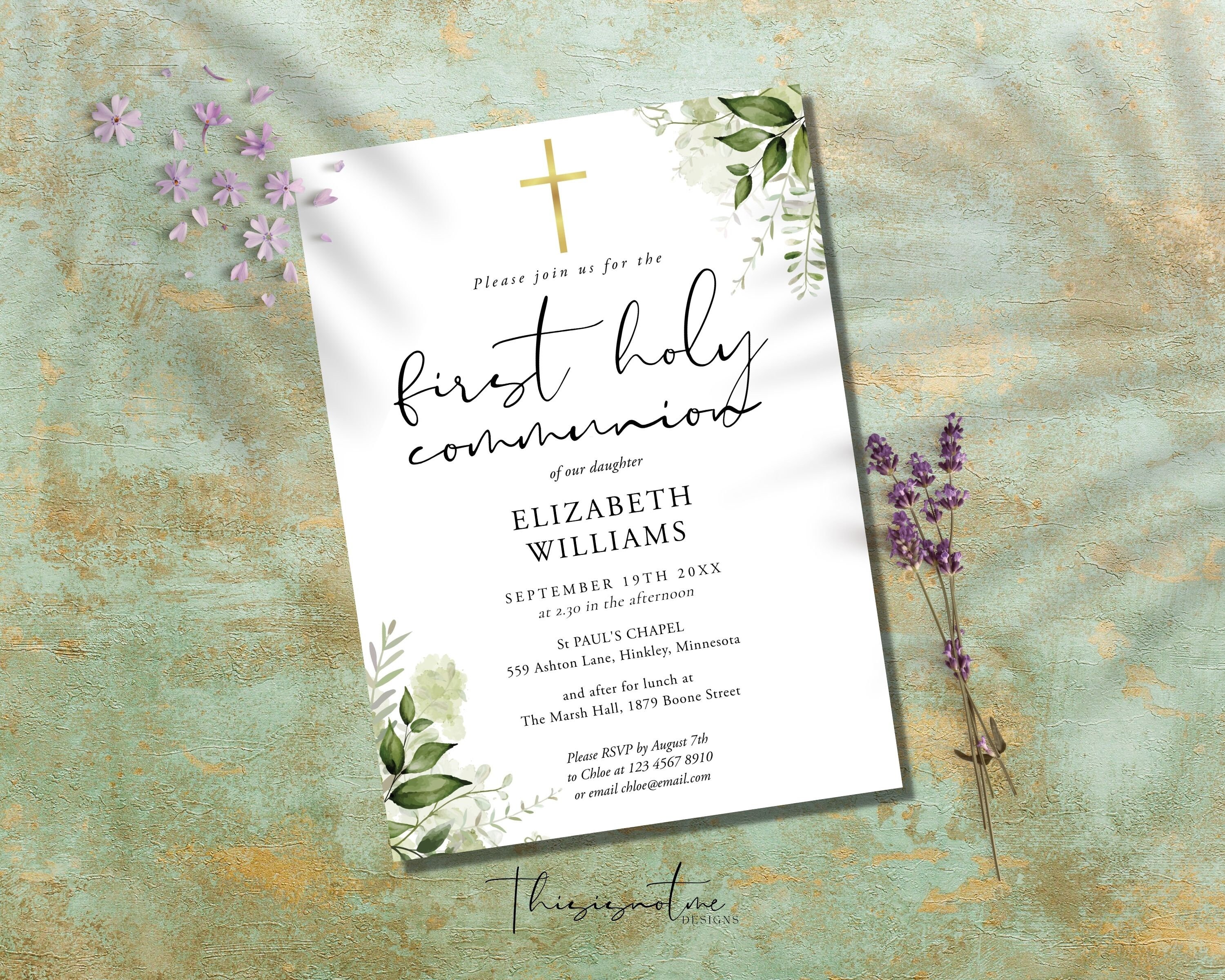 HARMONY First Holy Communion Invitation Template, Greenery Holy ...