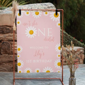 Cartello di benvenuto Onederful Daisy per la festa del primo compleanno: modello floreale rosa per bambina (download digitale)