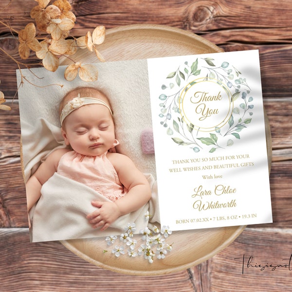 Modern Birth Announcement Photo Baby Announcement Card Thank You Floral Garland Newborn Welcome Printable Editable Template Instant Download